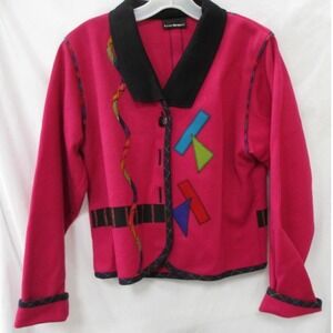Lynn Murray Vintage 100% Wool Pink Geometric Applique Jacket Art To Wear WMNS LG